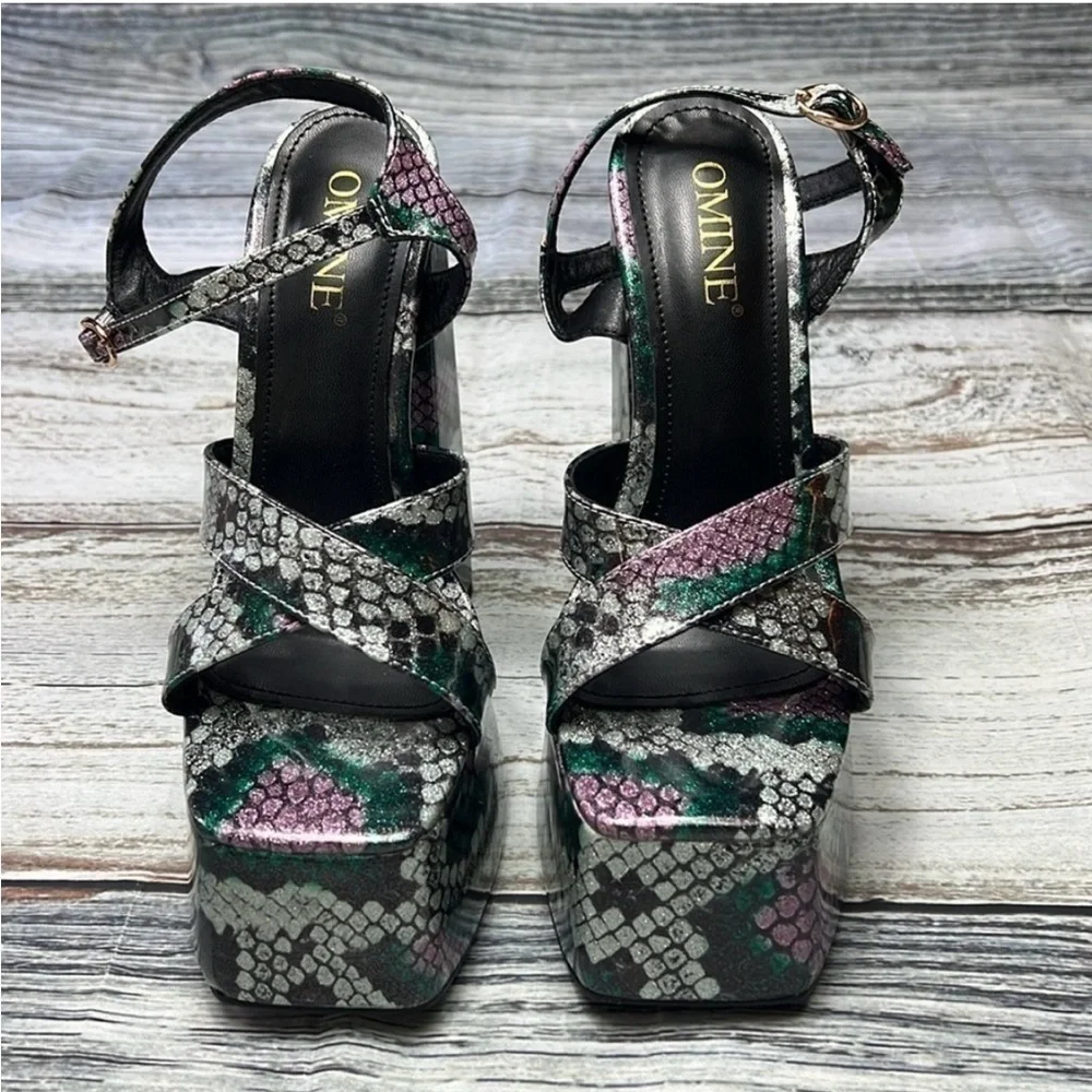 OMINE Women’s Platform 6.5” Heels – Purple/Silver/Green/Black – Size 6